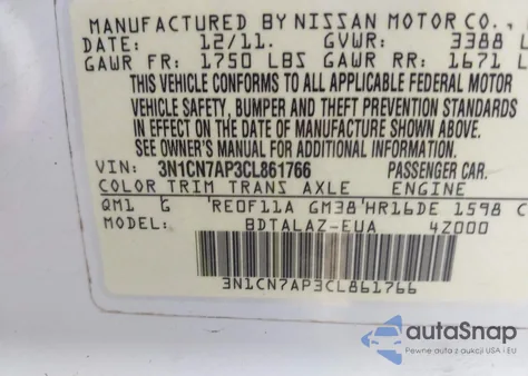 2012 Nissan Versa 1.6 S z USA, uszkodzony, nr VIN 3N1CN7AP3CL861766